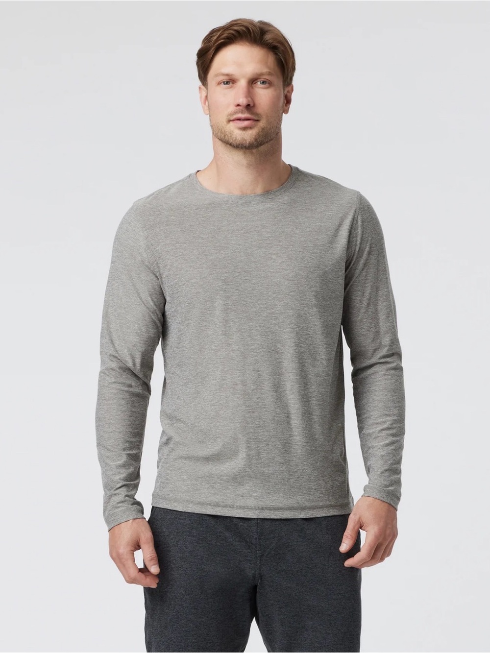 Vuori Long Sleeve Strato Tech Crewneck Tee Heather Grey softest performance knit
